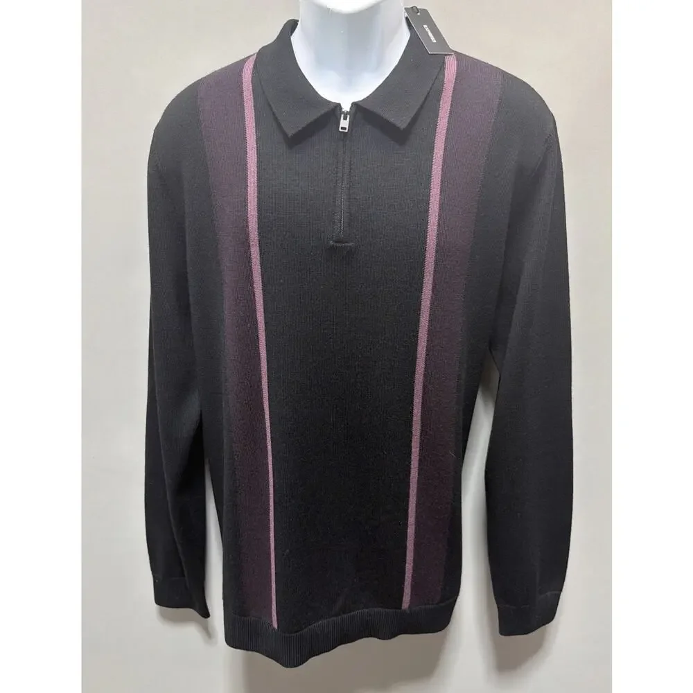 Express Sweater Mens Large Black 100% Merino Wool Long Sleeve Polo Knit New